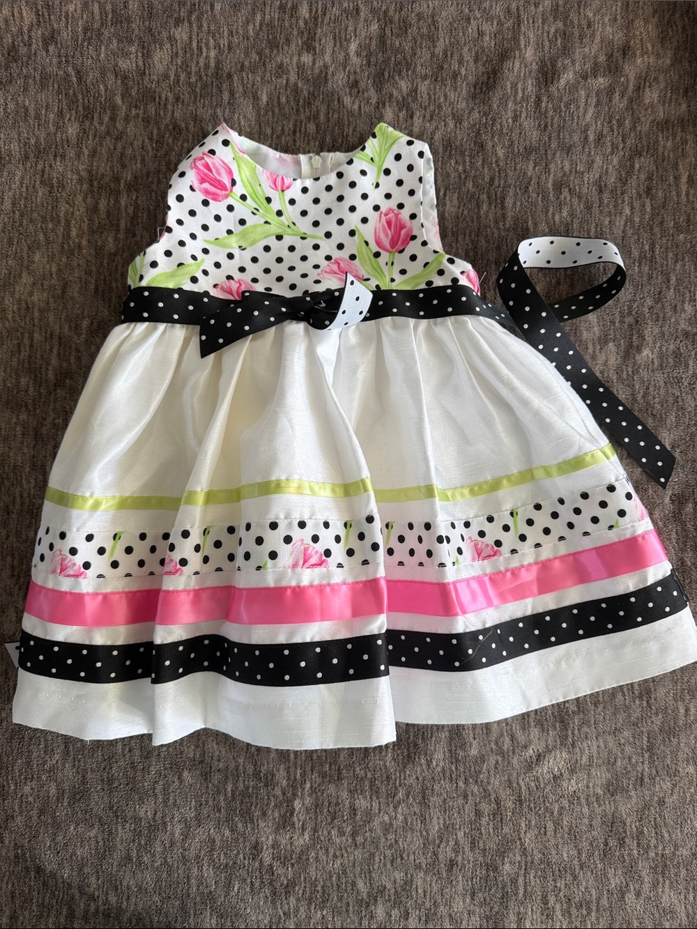 Rare Editions White Dress with Pink Tulips and Black Polka Dot Sash